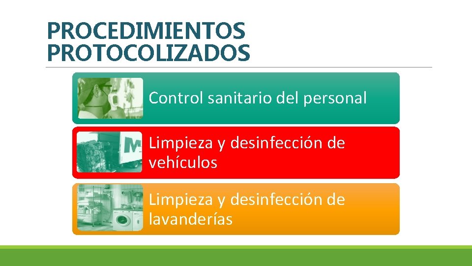 PROCEDIMIENTOS PROTOCOLIZADOS Control sanitario del personal Limpieza y desinfección de vehículos Limpieza y desinfección