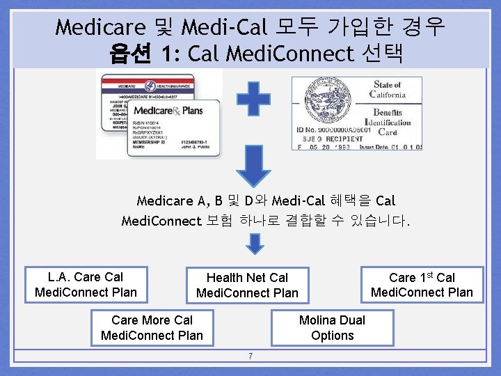 Medicare 및 Medi-Cal 모두 가입한 경우 옵션 1: Cal Medi. Connect 선택 Medicare A,