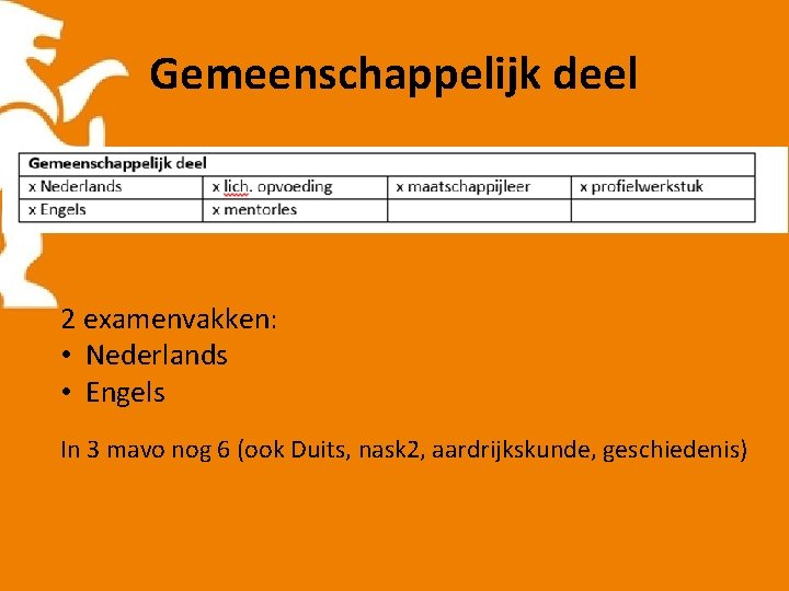 Gemeenschappelijk deel 2 examenvakken: • Nederlands • Engels In 3 mavo nog 6 (ook