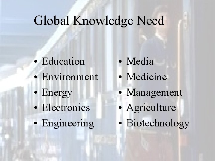 Global Knowledge Need • • • Education Environment Energy Electronics Engineering • • •