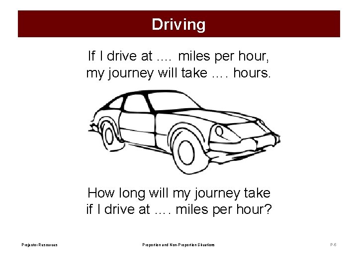 Driving If I drive at. … miles per hour, my journey will take ….