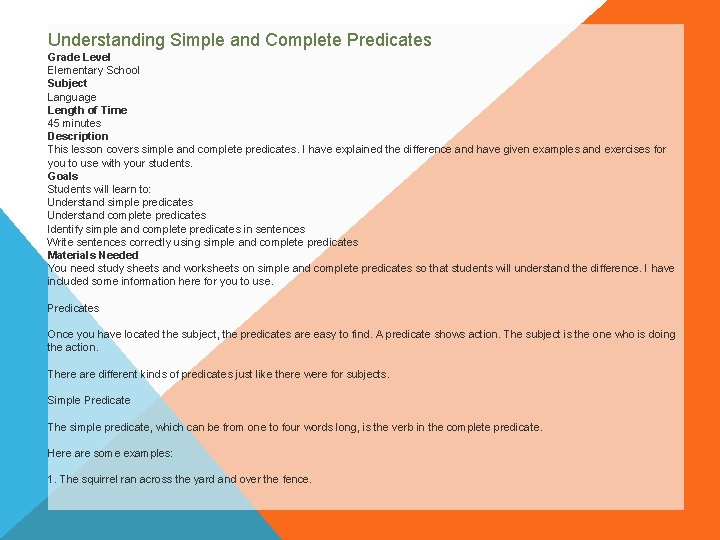 Understanding Simple and Complete Predicates Grade Level Elementary School Subject Language Length of Time