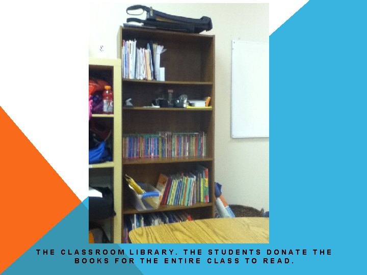 THE CLASSROOM LIBRARY. THE STUDENTS DONATE THE BOOKS FOR THE ENTIRE CLASS TO READ.