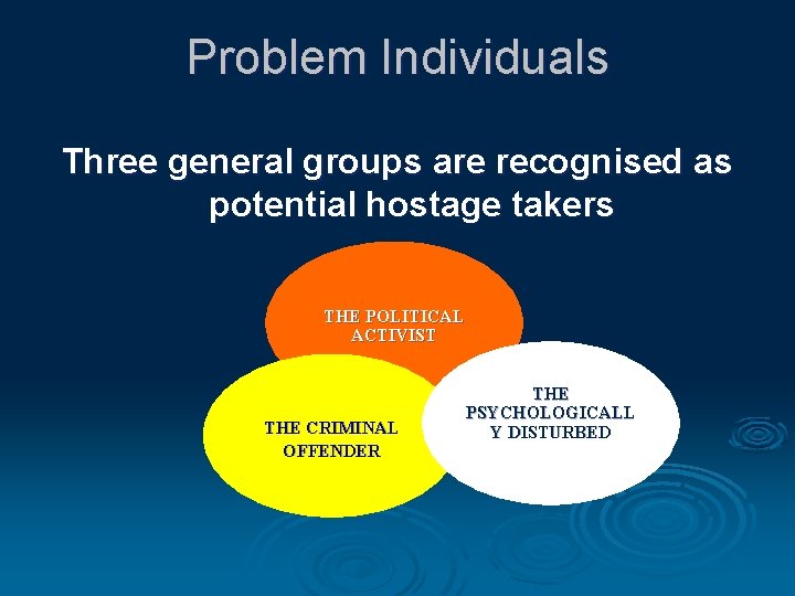 Problem Individuals Three general groups are recognised as potential hostage takers THE POLITICAL ACTIVIST