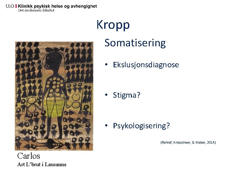 Kropp Somatisering • Ekslusjonsdiagnose • Stigma? • Psykologisering? (Rohlof, Knipscheer, & Kleber, 2014) Carlos
