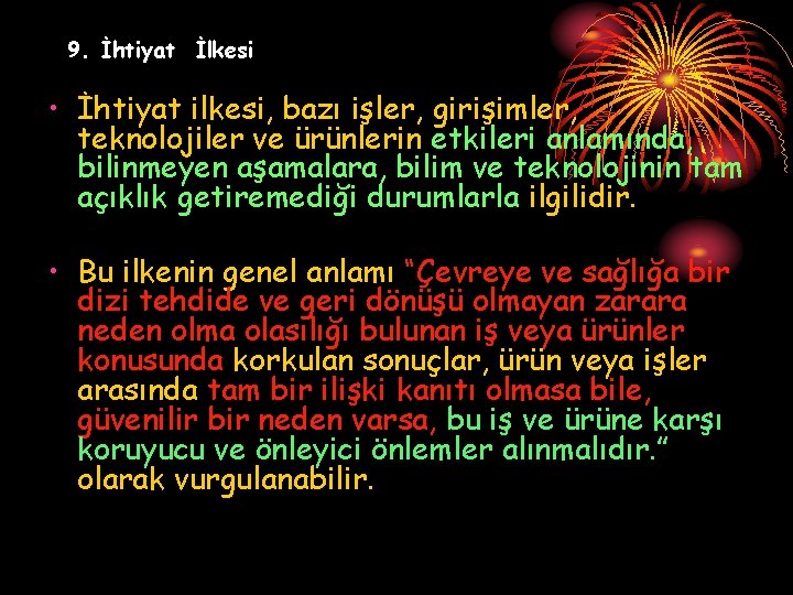 9. İhtiyat İlkesi • İhtiyat ilkesi, bazı işler, girişimler, teknolojiler ve ürünlerin etkileri anlamında,