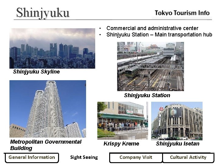 Shinjyuku • Commercial and administrative center • Shinjyuku Station – Main transportation hub Shinjyuku