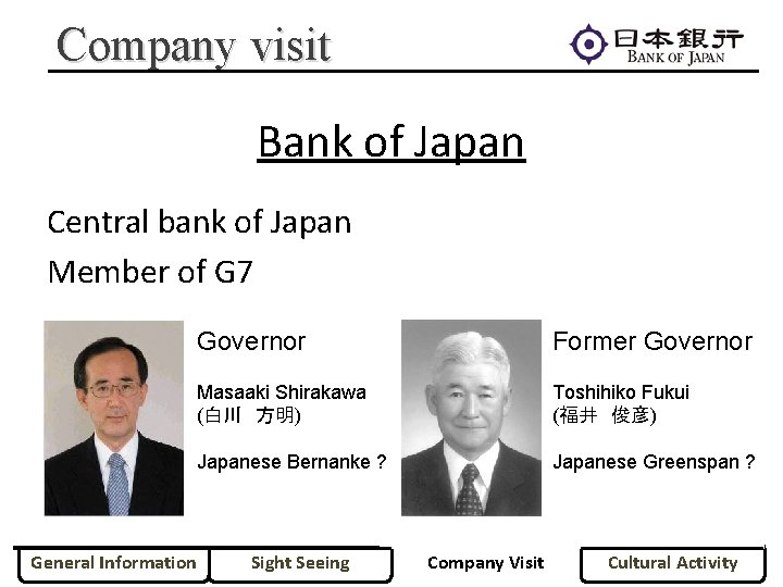 Company visit Bank of Japan Central bank of Japan Member of G 7 General