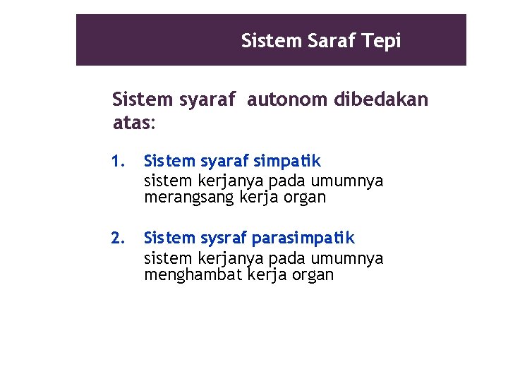 Sistem Saraf Tepi Sistem syaraf autonom dibedakan atas: 1. Sistem syaraf simpatik sistem kerjanya