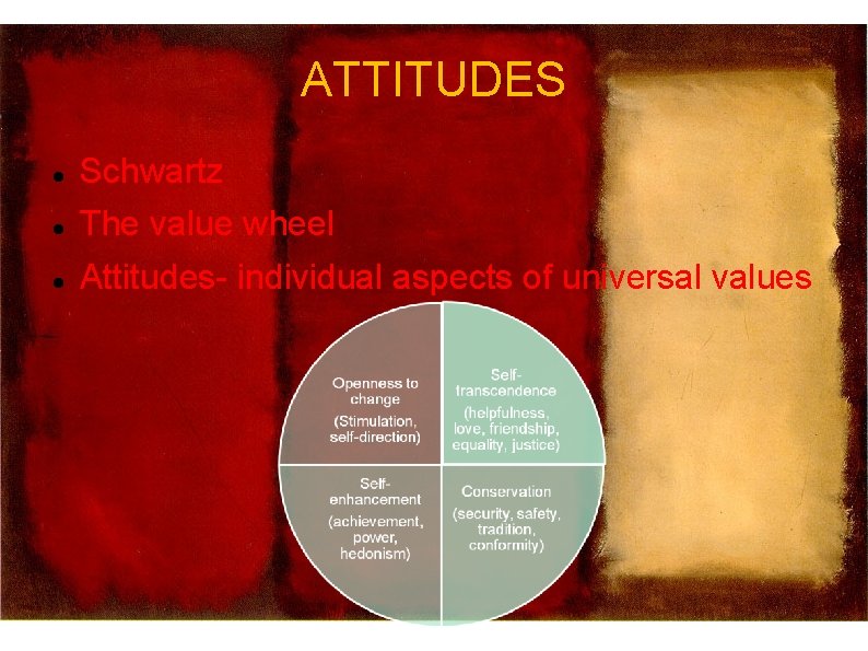 ATTITUDES Schwartz The value wheel Attitudes- individual aspects of universal values 