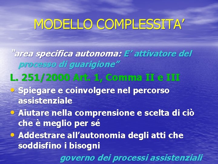 MODELLO COMPLESSITA’ “area specifica autonoma: E’ attivatore del processo di guarigione” L. 251/2000 Art.