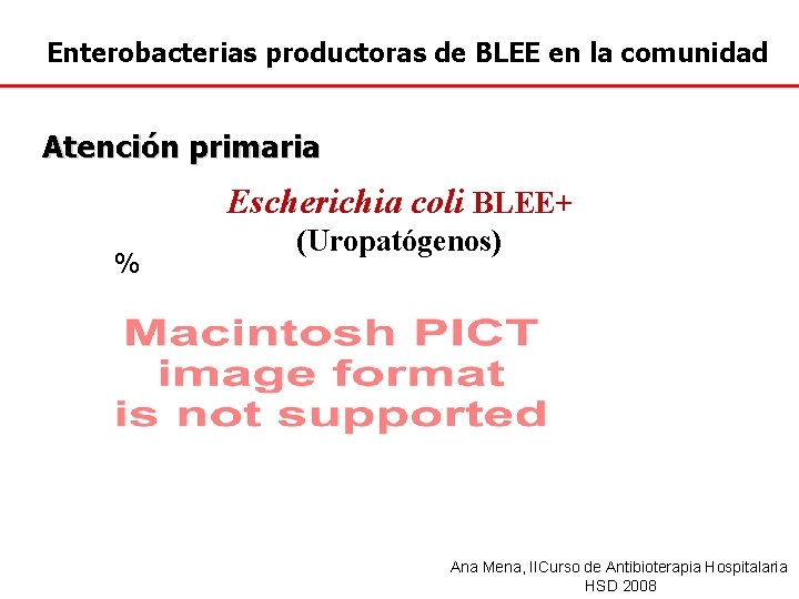 Enterobacterias productoras de BLEE en la comunidad Atención primaria Escherichia coli BLEE+ % (Uropatógenos)