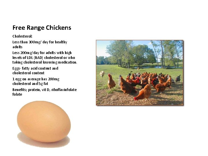Free Range Chickens Cholesterol: Less than 300 mg/ day for healthy adults Less 200