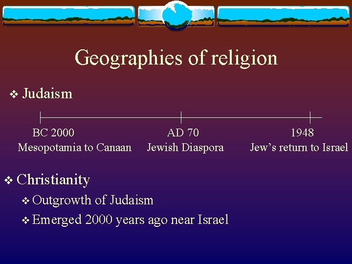 Geographies of religion v Judaism BC 2000 Mesopotamia to Canaan AD 70 Jewish Diaspora