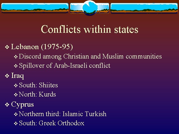 Conflicts within states v Lebanon (1975 -95) v Discord among Christian and Muslim communities