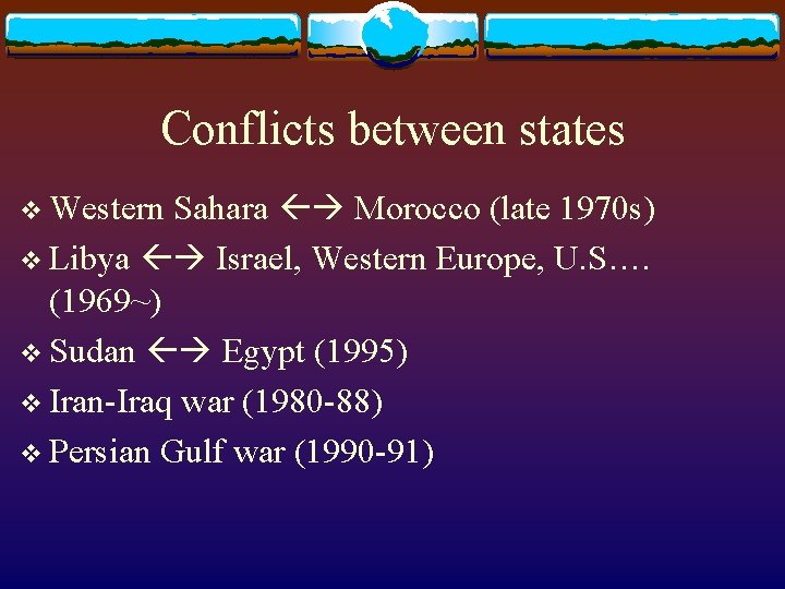 Conflicts between states Sahara Morocco (late 1970 s) v Libya Israel, Western Europe, U.