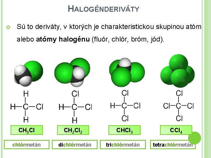 HALOGÉNDERIVÁTY Sú to deriváty, v ktorých je charakteristickou skupinou atóm alebo atómy halogénu (fluór,