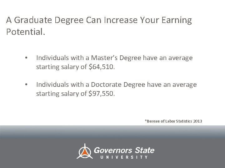 A Graduate Degree Can Increase Your Earning Potential. • Individuals with a Master’s Degree