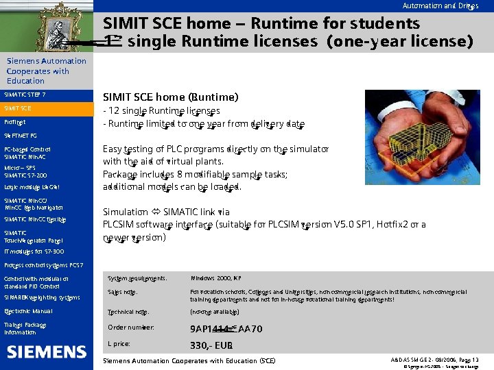 Automation and Drives SIMIT SCE home – Runtime for students 12 single Runtime licenses