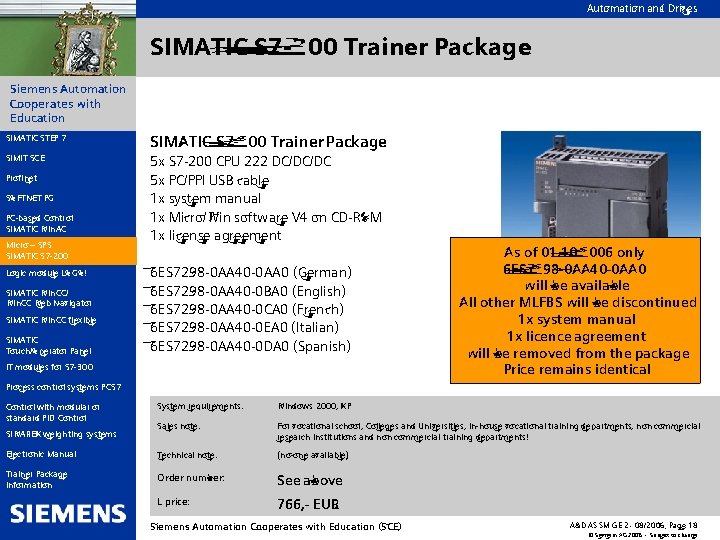 Automation and Drives SIMATIC S 7 -200 Trainer Package Siemens Automation Cooperates with Education