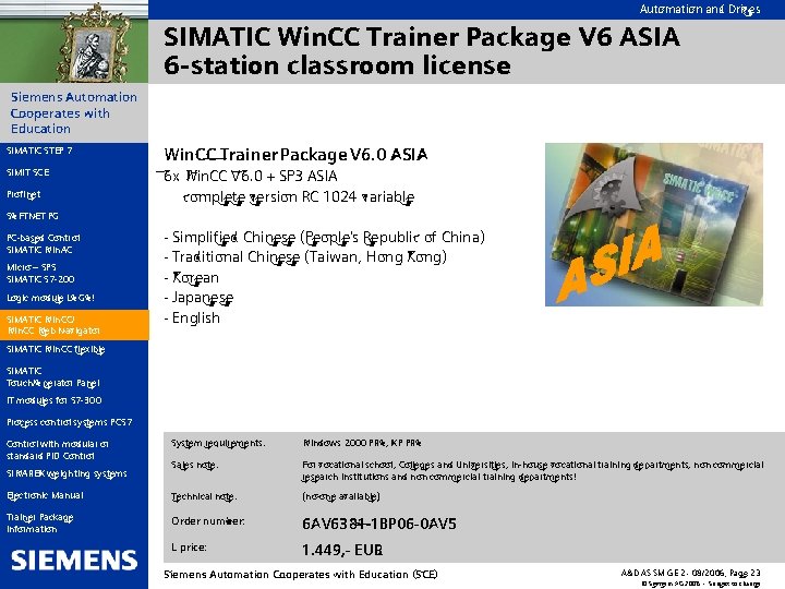 Automation and Drives SIMATIC Win. CC Trainer Package V 6 ASIA 6 -station classroom