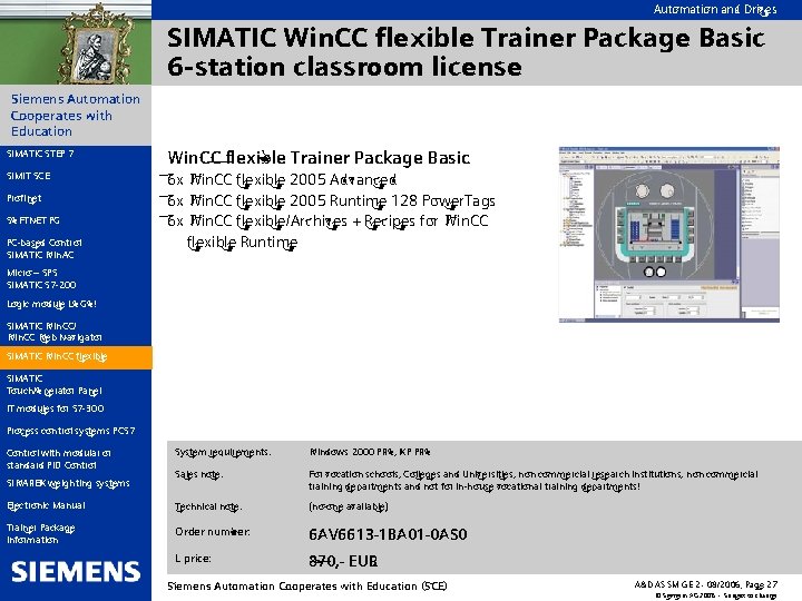 Automation and Drives SIMATIC Win. CC flexible Trainer Package Basic 6 -station classroom license