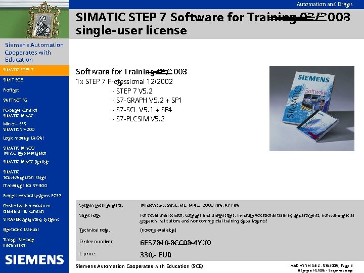 Automation and Drives SIMATIC STEP 7 Software for Training 02/2003 single-user license Siemens Automation Automation and Drives SIMATIC STEP 7 Software for Training 02/2003 single-user license Siemens Automation