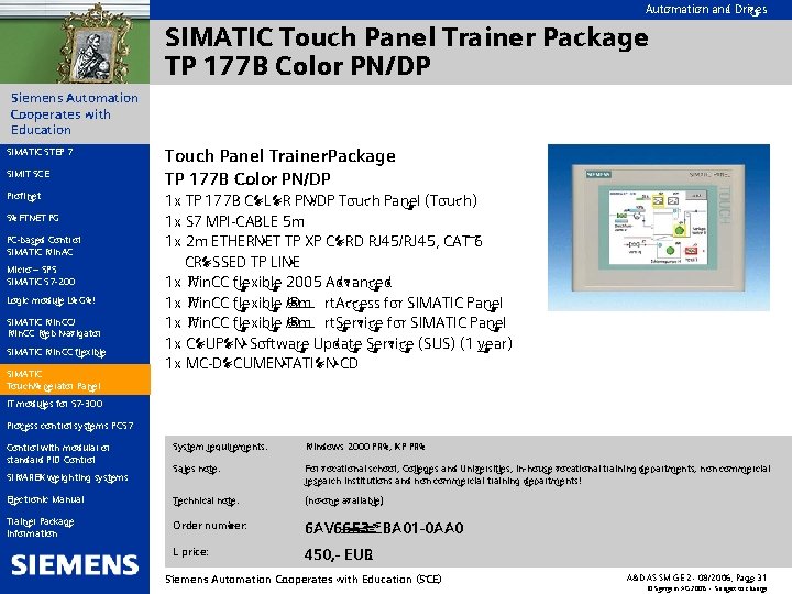 Automation and Drives SIMATIC Touch Panel Trainer Package TP 177 B Color PN/DP Siemens