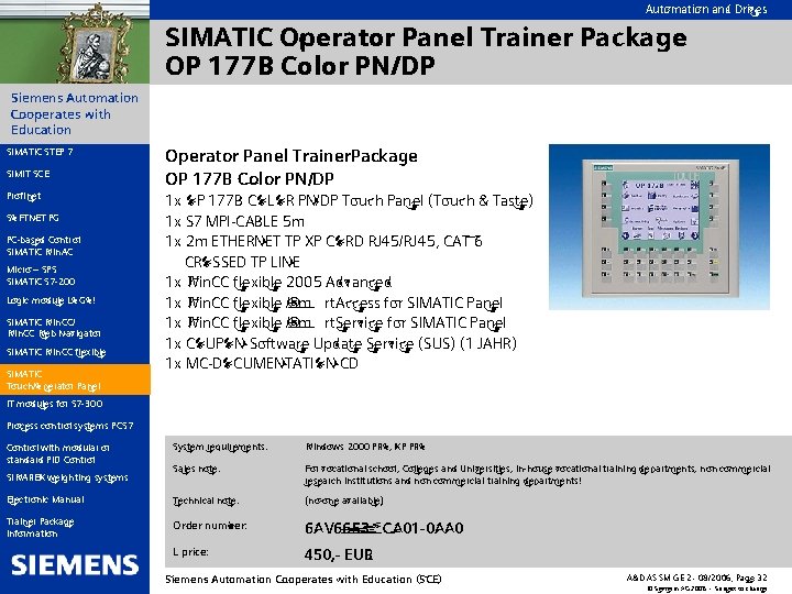 Automation and Drives SIMATIC Operator Panel Trainer Package OP 177 B Color PN/DP Siemens