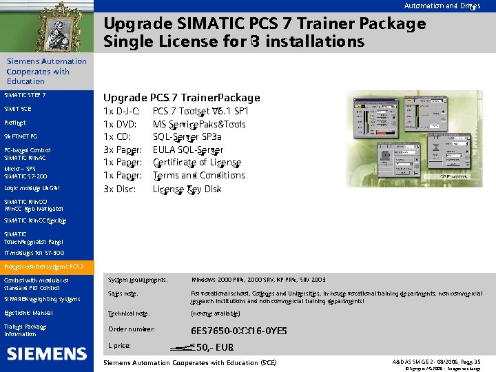 Automation and Drives Upgrade SIMATIC PCS 7 Trainer Package Single License for 3 installations
