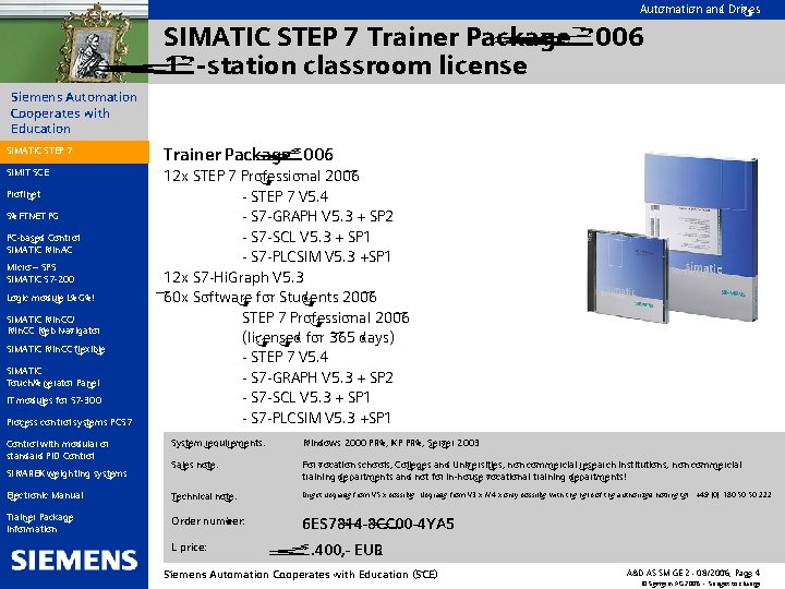 Automation and Drives SIMATIC STEP 7 Trainer Package 2006 12 -station classroom license Siemens