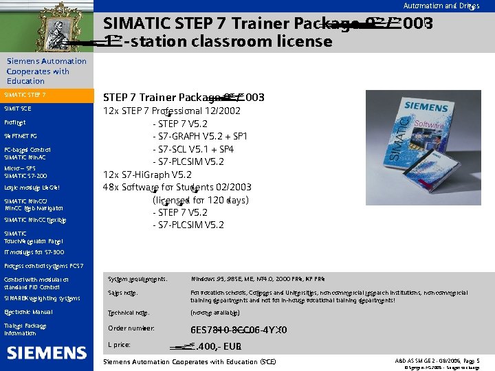 Automation and Drives SIMATIC STEP 7 Trainer Package 02/2003 12 -station classroom license Siemens