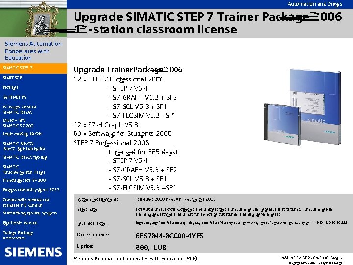 Automation and Drives Upgrade SIMATIC STEP 7 Trainer Package 2006 12 -station classroom license