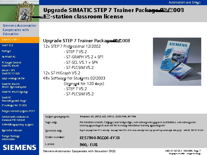 Automation and Drives Upgrade SIMATIC STEP 7 Trainer Package 02/2003 12 -station classroom license