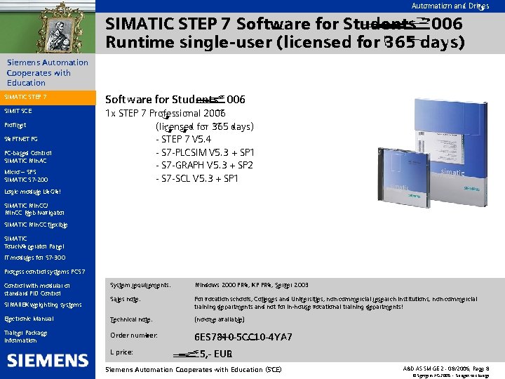 Automation and Drives SIMATIC STEP 7 Software for Students 2006 Runtime single-user (licensed for