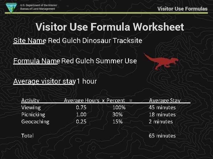 Visitor Use Formula Worksheet Site Name: Red Gulch Dinosaur Tracksite Formula Name: Red Gulch