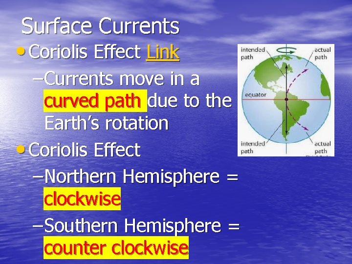 Surface Currents • Coriolis Effect Link – Currents move in a curved path due Surface Currents • Coriolis Effect Link – Currents move in a curved path due