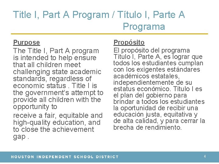 Title I, Part A Program / Título I, Parte A Programa Purpose The Title