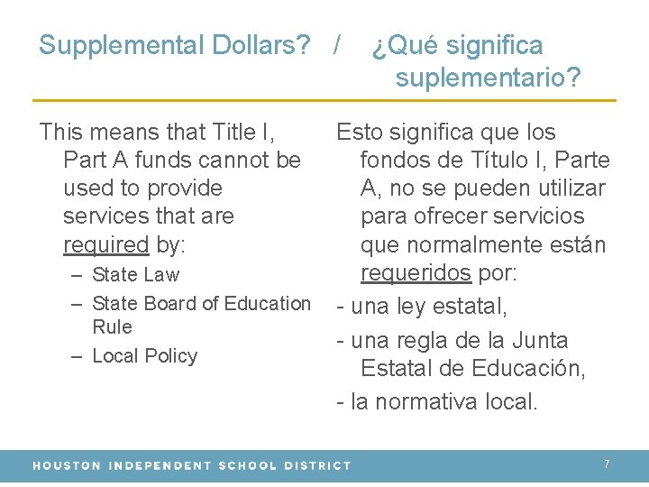 Supplemental Dollars? / This means that Title I, Part A funds cannot be used