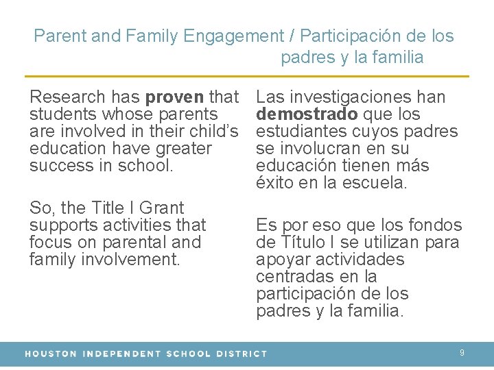 Parent and Family Engagement / Participación de los padres y la familia Research has