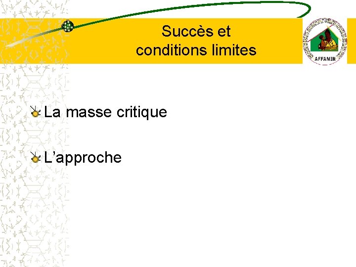 Succès et conditions limites La masse critique L’approche 