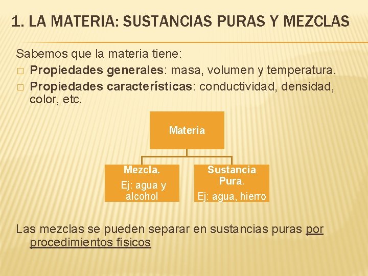 1. LA MATERIA: SUSTANCIAS PURAS Y MEZCLAS Sabemos que la materia tiene: � Propiedades 1. LA MATERIA: SUSTANCIAS PURAS Y MEZCLAS Sabemos que la materia tiene: � Propiedades