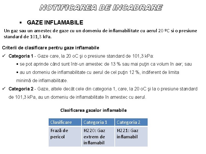 NOTIFICAREA DE INCADRARE § GAZE INFLAMABILE Un gaz sau un amestec de gaze cu