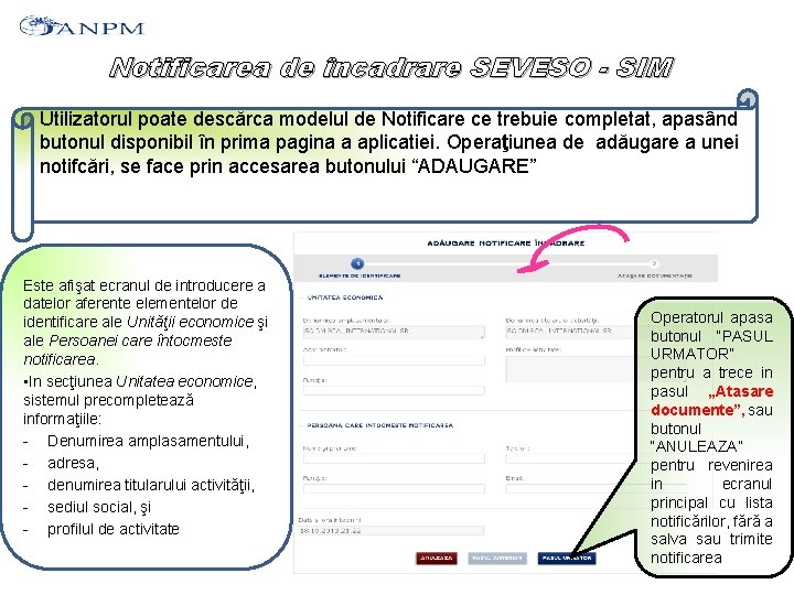 Notificarea de încadrare SEVESO - SIM Utilizatorul poate descărca modelul de Notificare ce trebuie