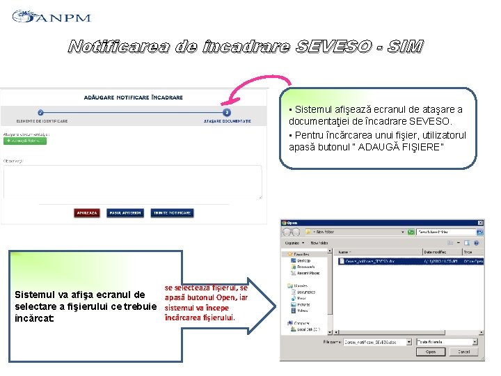 Notificarea de încadrare SEVESO - SIM • Sistemul afişează ecranul de ataşare a documentaţiei