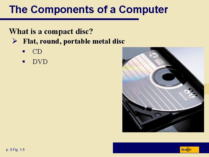 The Components of a Computer What is a compact disc? Ø Flat, round, portable