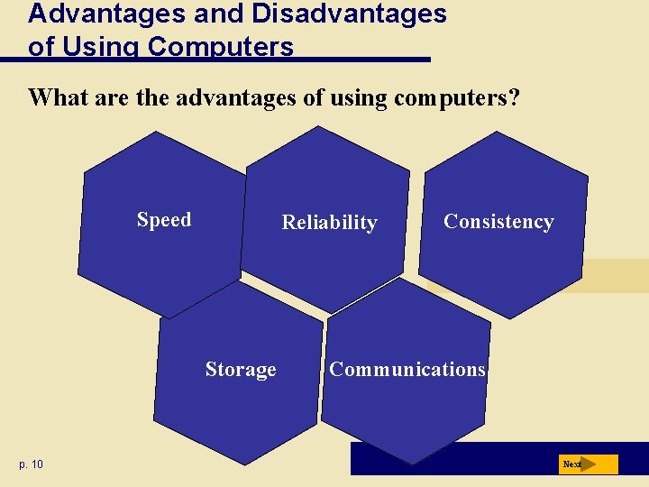 Advantages and Disadvantages of Using Computers What are the advantages of using computers? Speed