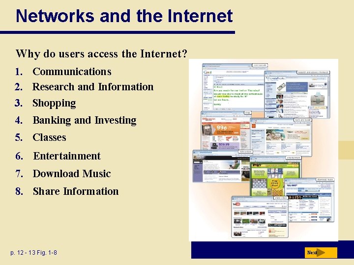 Networks and the Internet Why do users access the Internet? 1. Communications 2. Research