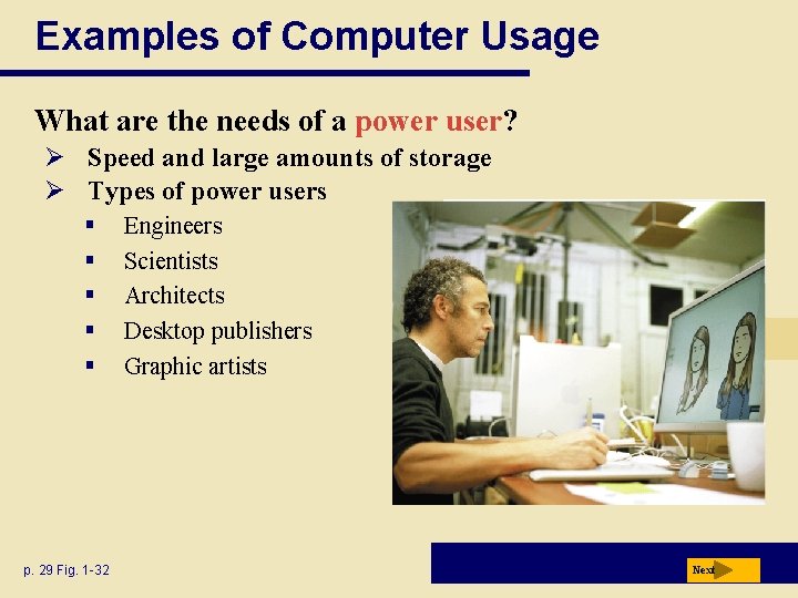 Examples of Computer Usage What are the needs of a power user? Ø Speed