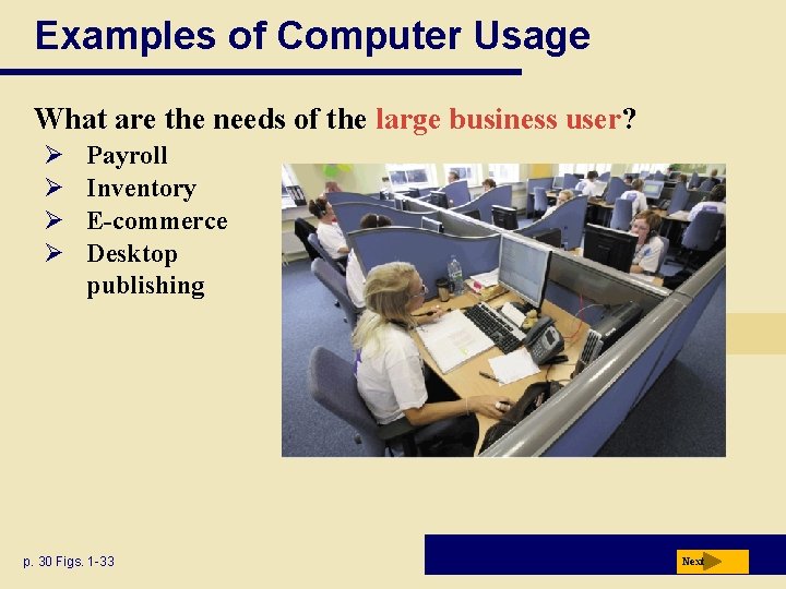 Examples of Computer Usage What are the needs of the large business user? Ø